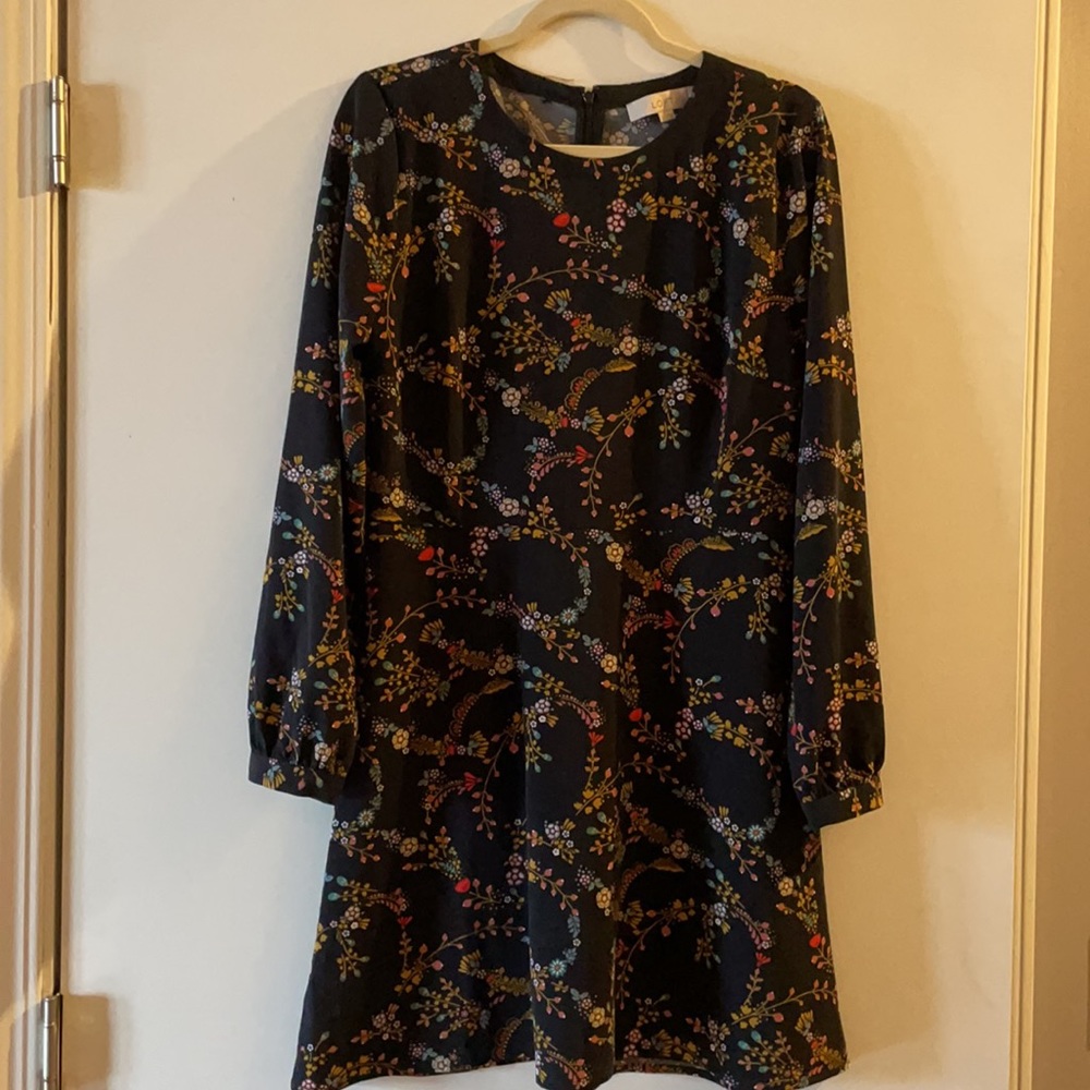LOFT Navy Floral Long-Sleeve Shift Dress with Multicolor Blooms